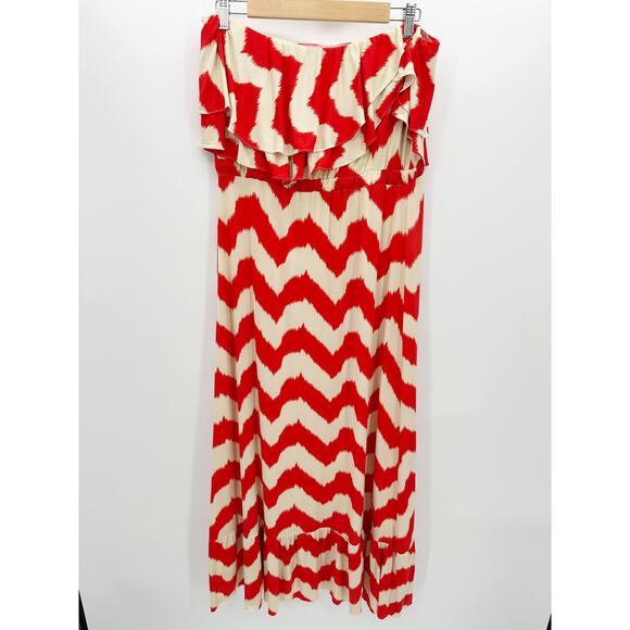 T-Bags Los Angeles Red Cream Chevron Strapless Maxi Dress Women's Size Medium M - Picture 1 of 9